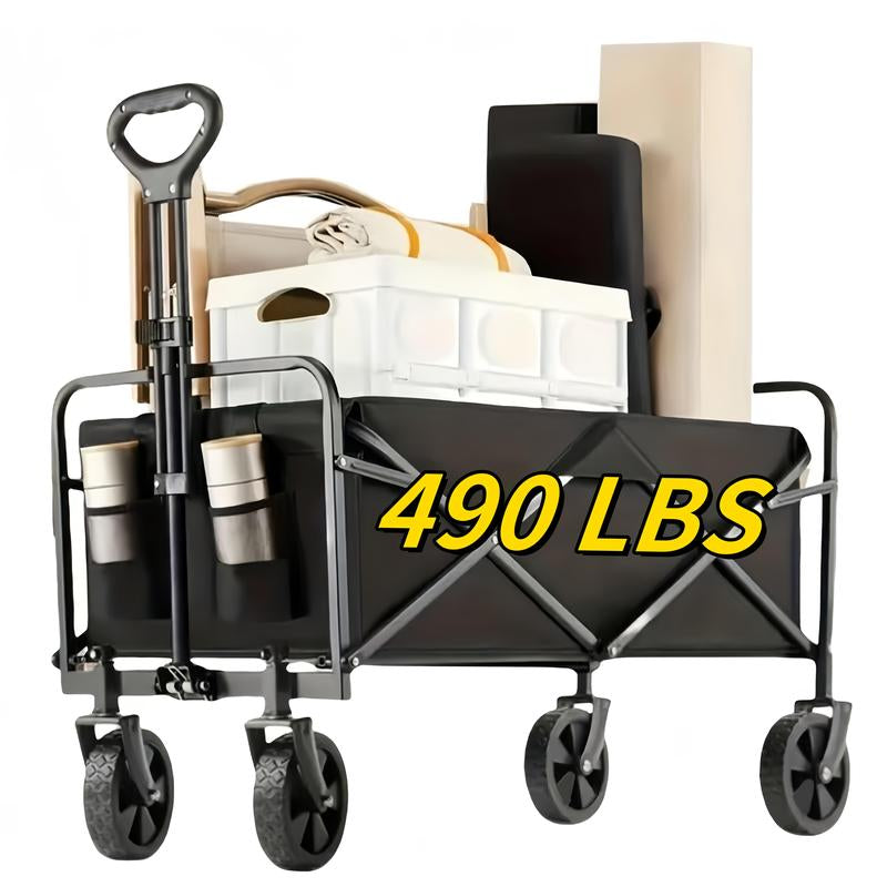 Heavy-Duty Folding Utility Wagon Cart All-Terrain Stainless Steel Frame 600D Oxford Fabric 320LBS Capacity Durable Wheels Sturdy Handle Design for Camping Gardening Shopping Outdoor Gear Transport Black