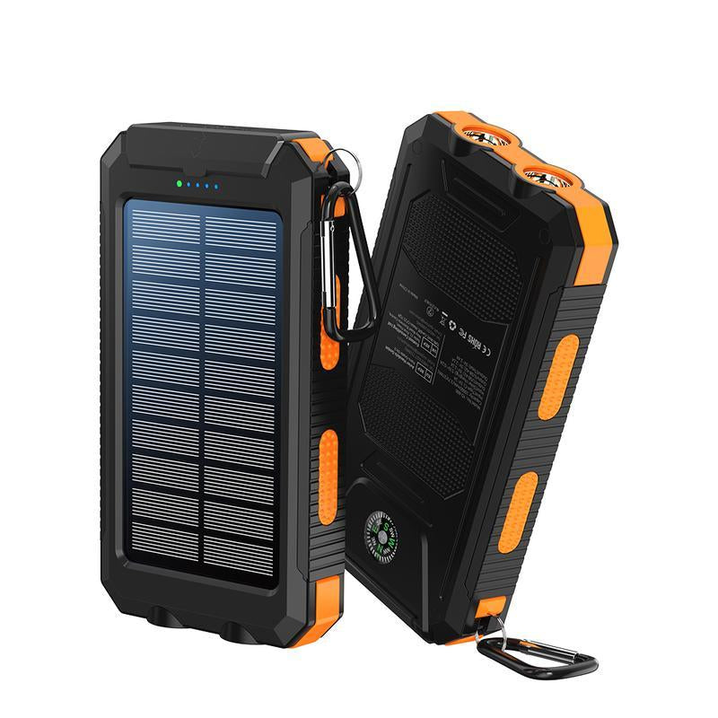 Solar Portable Charger 10000Mah - Dual USB Output, LED Torch & Compass, IP65 Waterproof for Camping & Hiking