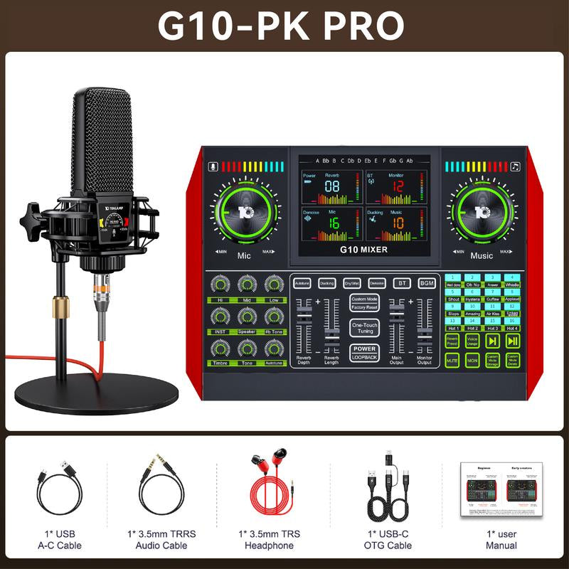Tenlamp G10 Podcast Equipment Kit, Studio Kit with Voice Changer, Live Sound Card - Laptop Vlog Live Streaming Plug and Play Computer Kit with Professional Chipset for Gaming, Singing, DJ