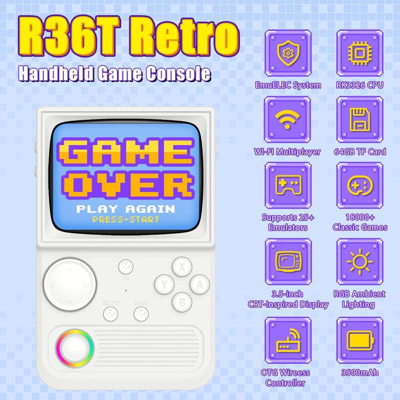 R36T Retro Gaming Console, 3.5'' IPS Screen Crt-Inspired, Handheld Game Console with 18000+ Classic Games Supports Wifi Networked Fighting and OTG, 3500Mah Battery, with Portable Case