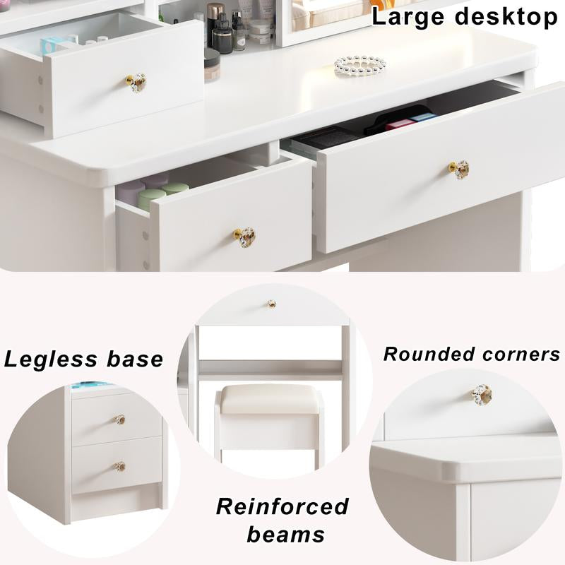 Vanity Table with Hidden Storage & LED Mirror & Power Outlet, 3 Lighting Modes,Makeup Table with Drawers & Storage Stool, White