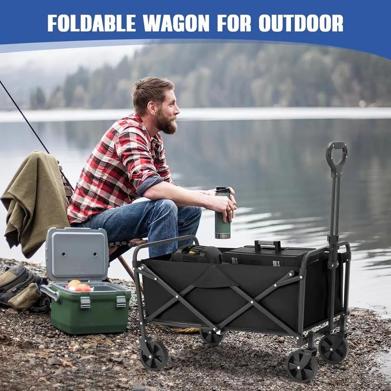 Heavy-Duty Folding Utility Wagon Cart All-Terrain Stainless Steel Frame 600D Oxford Fabric 320LBS Capacity Durable Wheels Sturdy Handle Design for Camping Gardening Shopping Outdoor Gear Transport Black