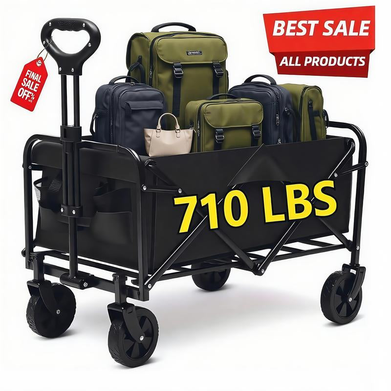 Heavy-Duty Folding Utility Wagon Cart All-Terrain Stainless Steel Frame 600D Oxford Fabric 320LBS Capacity Durable Wheels Sturdy Handle Design for Camping Gardening Shopping Outdoor Gear Transport Black