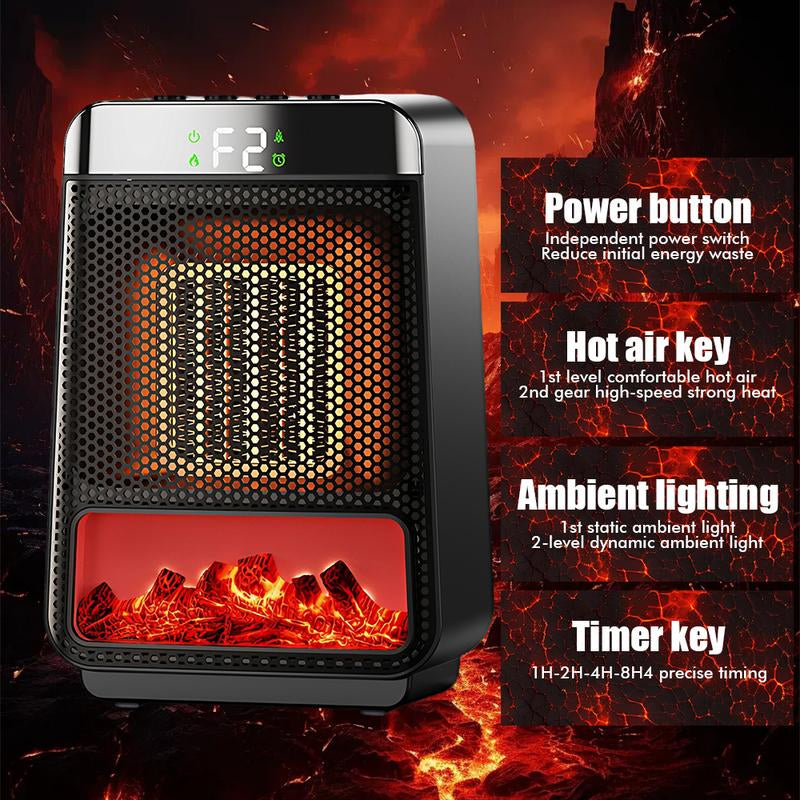 Black Mini Electric Fireplace Heater – 1000W 3D LED Flame, Portable for Office Home + Christmas Decor