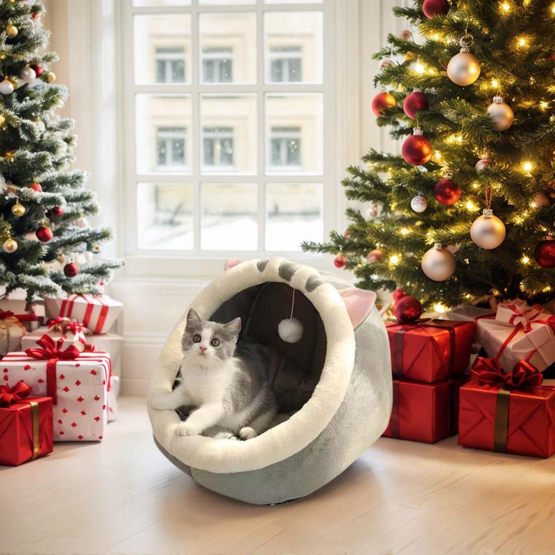 Semi-Enclosed Pet Bed, All-Season Cozy Nest for Cats & Small Dogs, Cute Wrapped Design Sleeping House with Warm Cushion