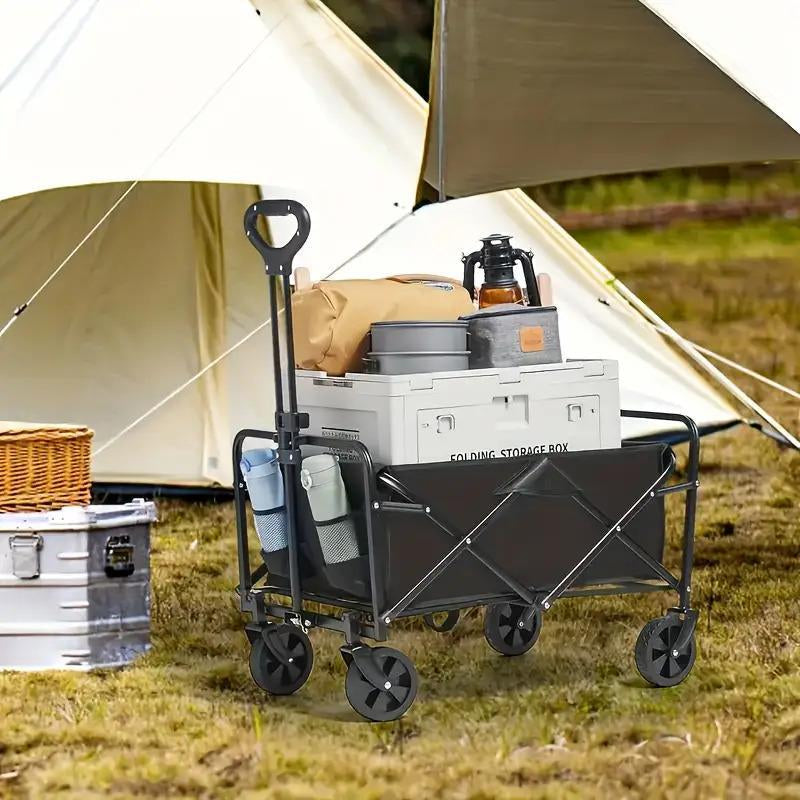 Heavy-Duty Folding Utility Wagon Cart All-Terrain Stainless Steel Frame 600D Oxford Fabric 320LBS Capacity Durable Wheels Sturdy Handle Design for Camping Gardening Shopping Outdoor Gear Transport Black