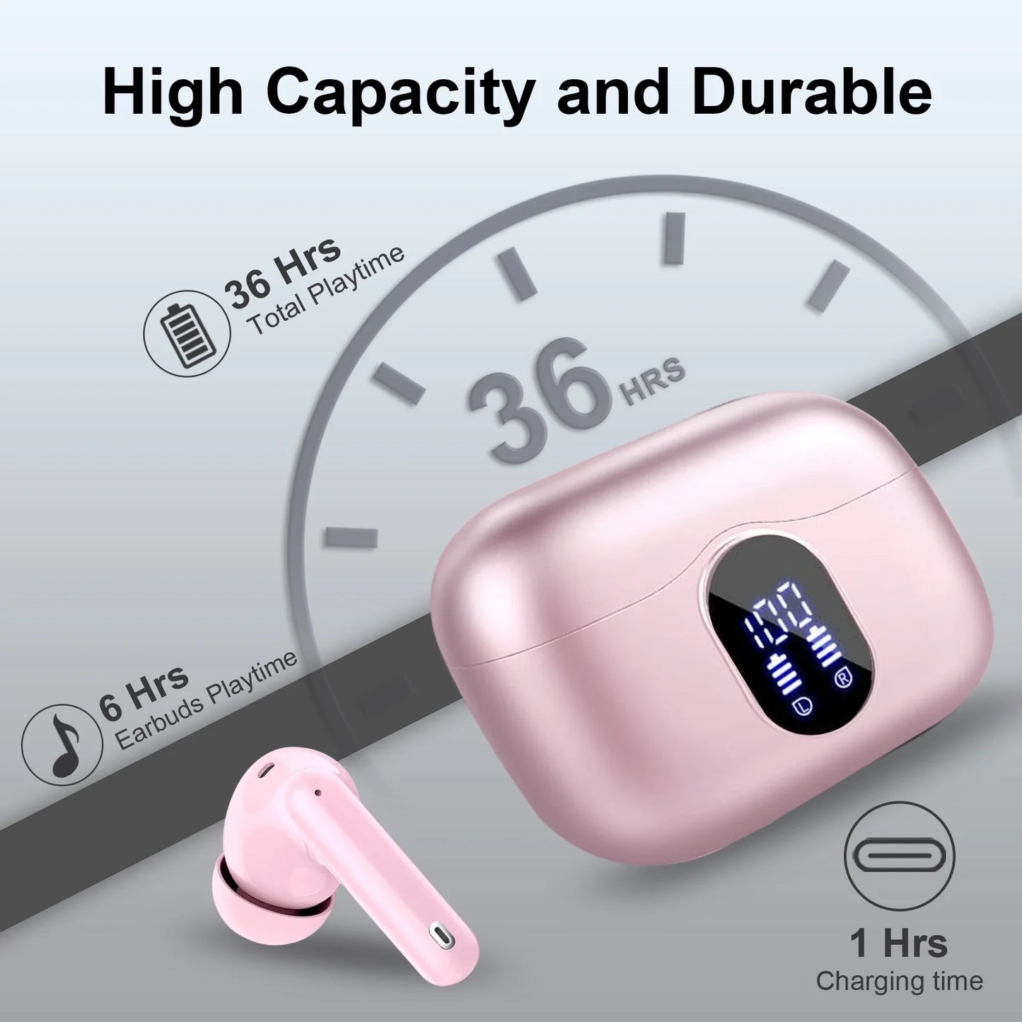 Wireless Earbuds, Bluetooth 5.4 Headphones Bass Stereo, Ear Buds with Noise Cancelling Mic LED Display, 36H Playtime in Ear Earphones, IP7 Waterproof Sport Headset for Android Ios