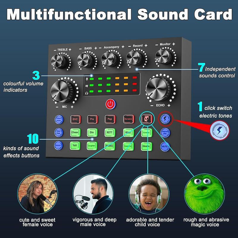 Safring Podcast Equipment Bundle, BM800 Podcast Usb Rechargeable Microphone Bundle with V8S Voice Changer, Condenser Microphone Recording Studio Package for Podcasting Live Streaming Singing PC Mobile Tiktok Youtube Dynamic Mic Sound Card Desk Clamp