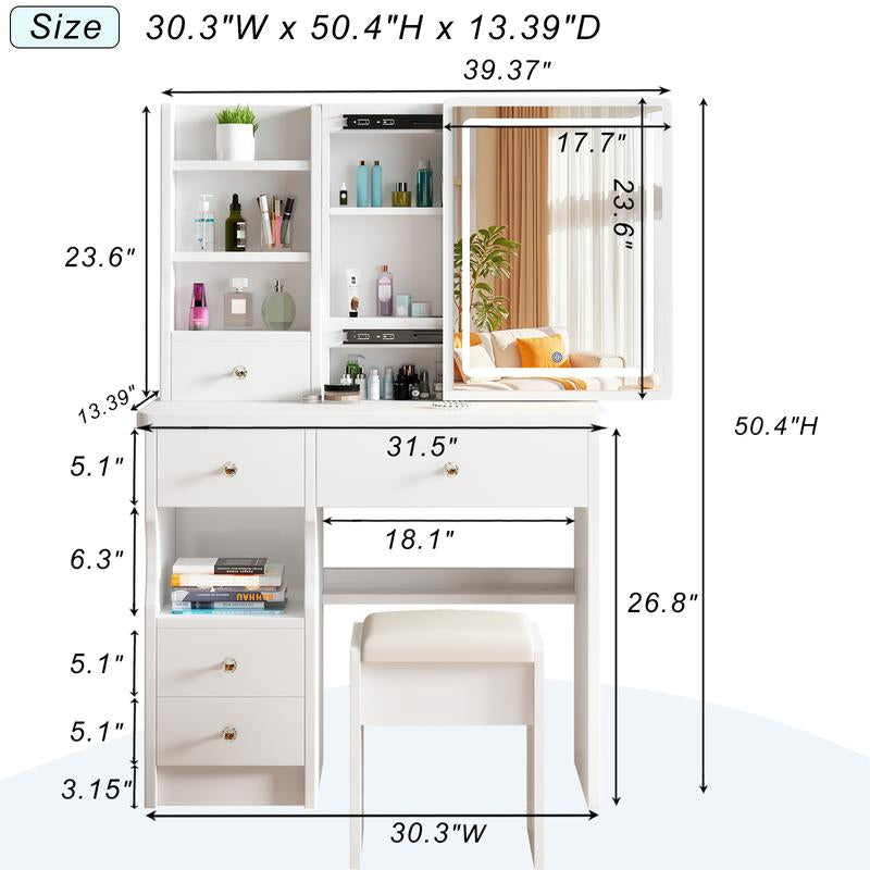 Vanity Table with Hidden Storage & LED Mirror & Power Outlet, 3 Lighting Modes,Makeup Table with Drawers & Storage Stool, White