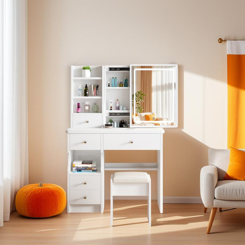Vanity Table with Hidden Storage & LED Mirror & Power Outlet, 3 Lighting Modes,Makeup Table with Drawers & Storage Stool, White