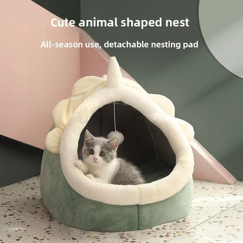 Semi-Enclosed Pet Bed, All-Season Cozy Nest for Cats & Small Dogs, Cute Wrapped Design Sleeping House with Warm Cushion