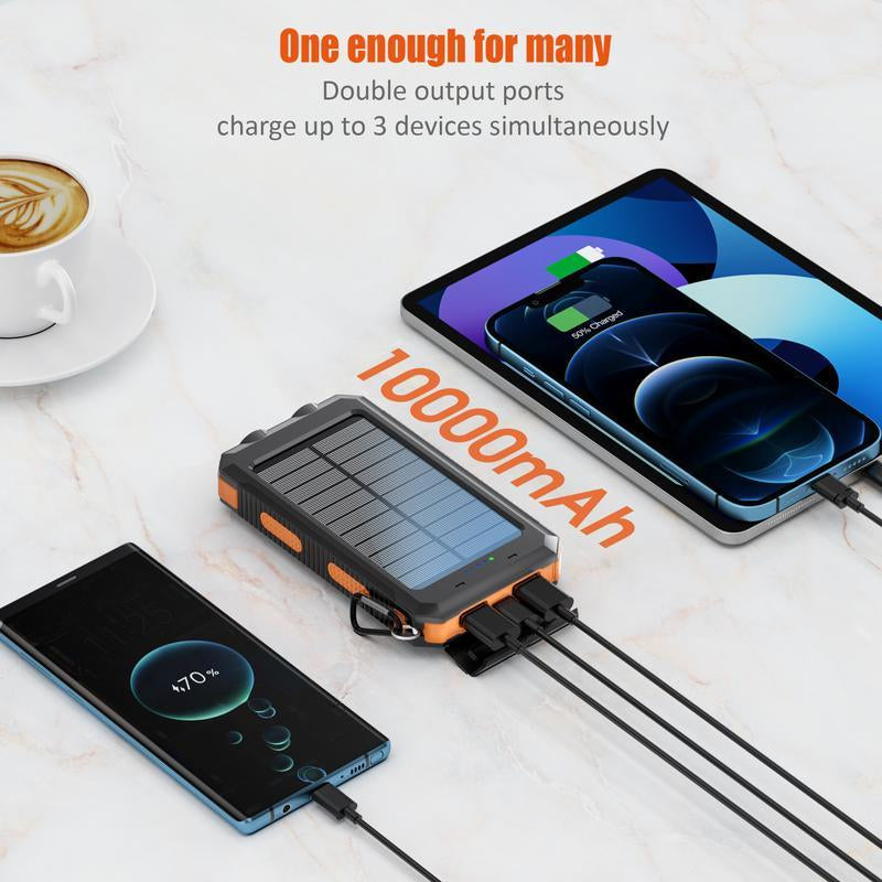 Solar Portable Charger 10000Mah - Dual USB Output, LED Torch & Compass, IP65 Waterproof for Camping & Hiking