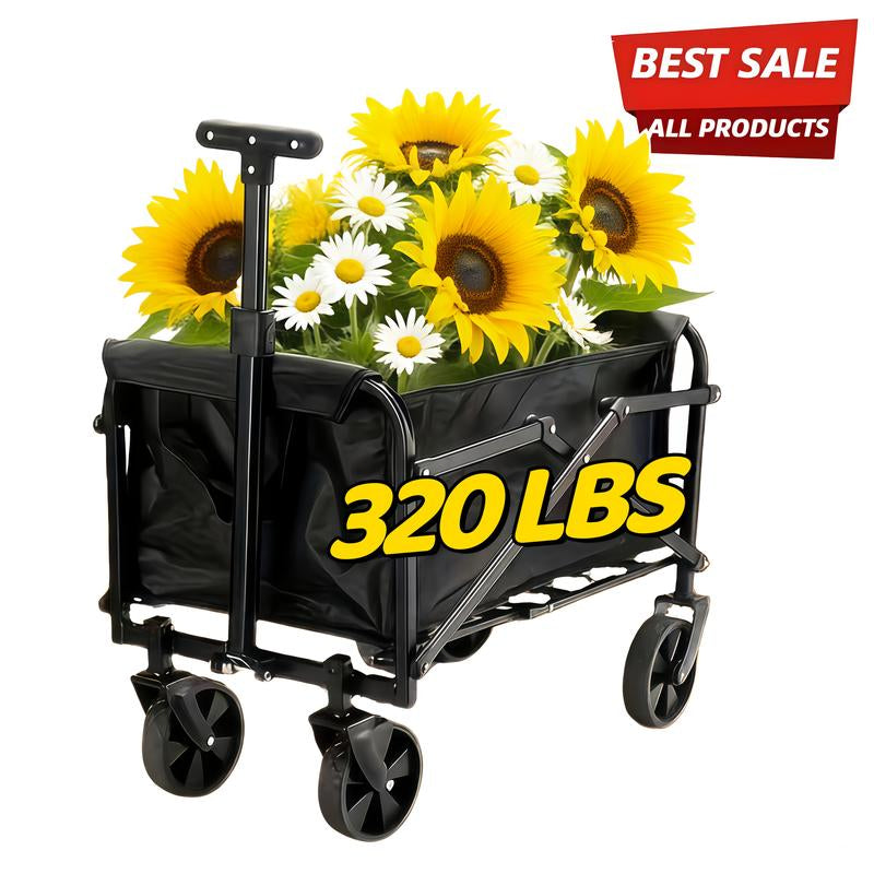 Heavy-Duty Folding Utility Wagon Cart All-Terrain Stainless Steel Frame 600D Oxford Fabric 320LBS Capacity Durable Wheels Sturdy Handle Design for Camping Gardening Shopping Outdoor Gear Transport Black