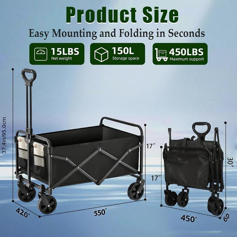Heavy-Duty Folding Utility Wagon Cart All-Terrain Stainless Steel Frame 600D Oxford Fabric 320LBS Capacity Durable Wheels Sturdy Handle Design for Camping Gardening Shopping Outdoor Gear Transport Black