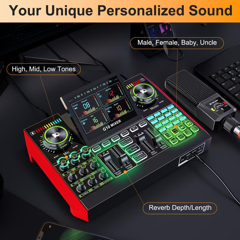 Tenlamp G10 Podcast Equipment Kit, Studio Kit with Voice Changer, Live Sound Card - Laptop Vlog Live Streaming Plug and Play Computer Kit with Professional Chipset for Gaming, Singing, DJ