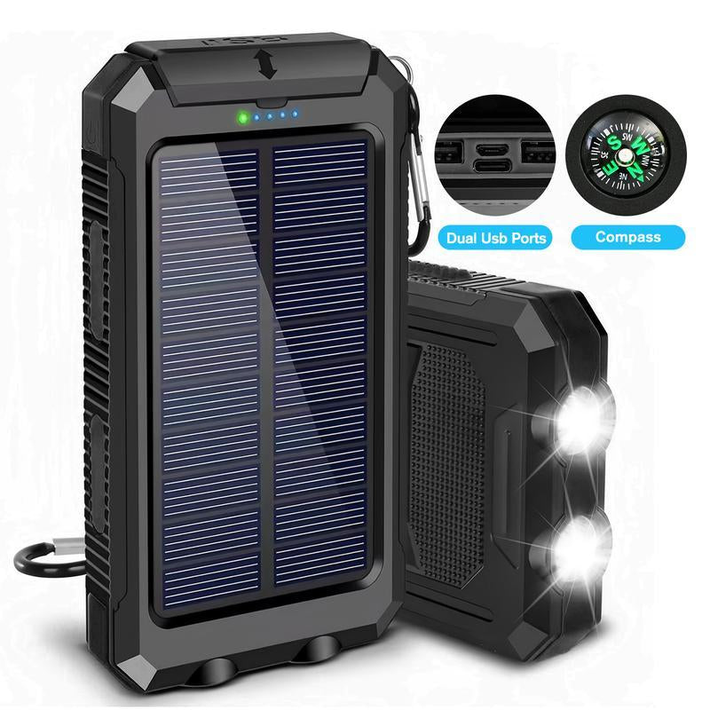Solar Portable Charger 10000Mah - Dual USB Output, LED Torch & Compass, IP65 Waterproof for Camping & Hiking