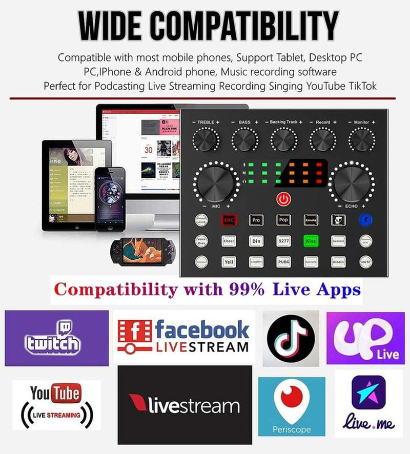 Safring Podcast Equipment Bundle, BM800 Podcast Usb Rechargeable Microphone Bundle with V8S Voice Changer, Condenser Microphone Recording Studio Package for Podcasting Live Streaming Singing PC Mobile Tiktok Youtube Dynamic Mic Sound Card Desk Clamp