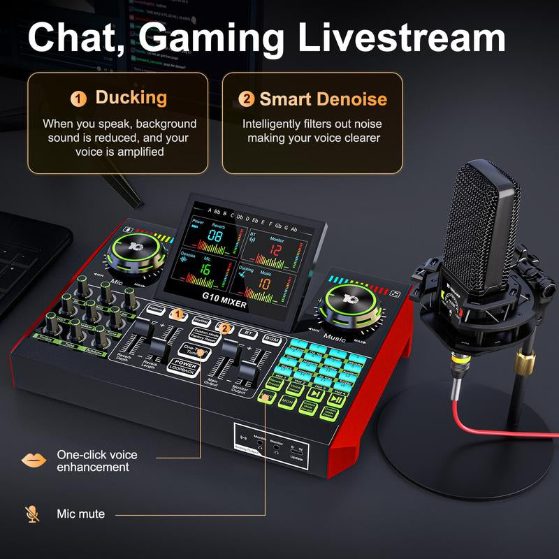 Tenlamp G10 Podcast Equipment Kit, Studio Kit with Voice Changer, Live Sound Card - Laptop Vlog Live Streaming Plug and Play Computer Kit with Professional Chipset for Gaming, Singing, DJ