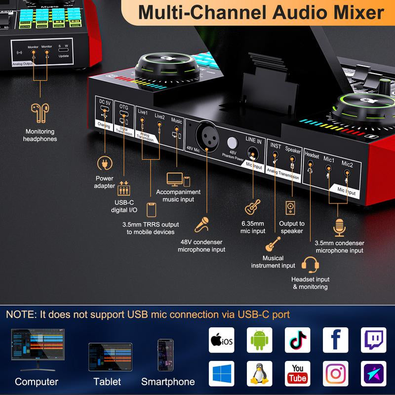 Tenlamp G10 Podcast Equipment Kit, Studio Kit with Voice Changer, Live Sound Card - Laptop Vlog Live Streaming Plug and Play Computer Kit with Professional Chipset for Gaming, Singing, DJ