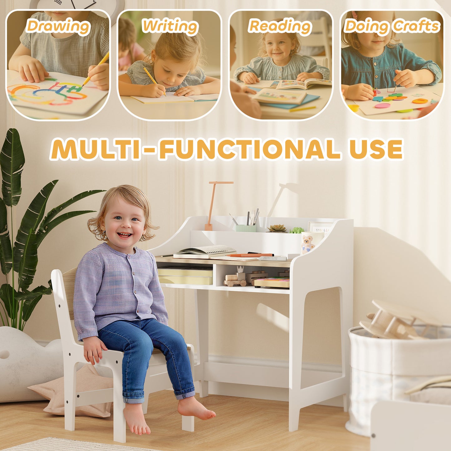Desk And Chair Set With Storage And Shelves, For Bedroom & Study Room, Gift For 3-8 Years Old, Natural Wood
