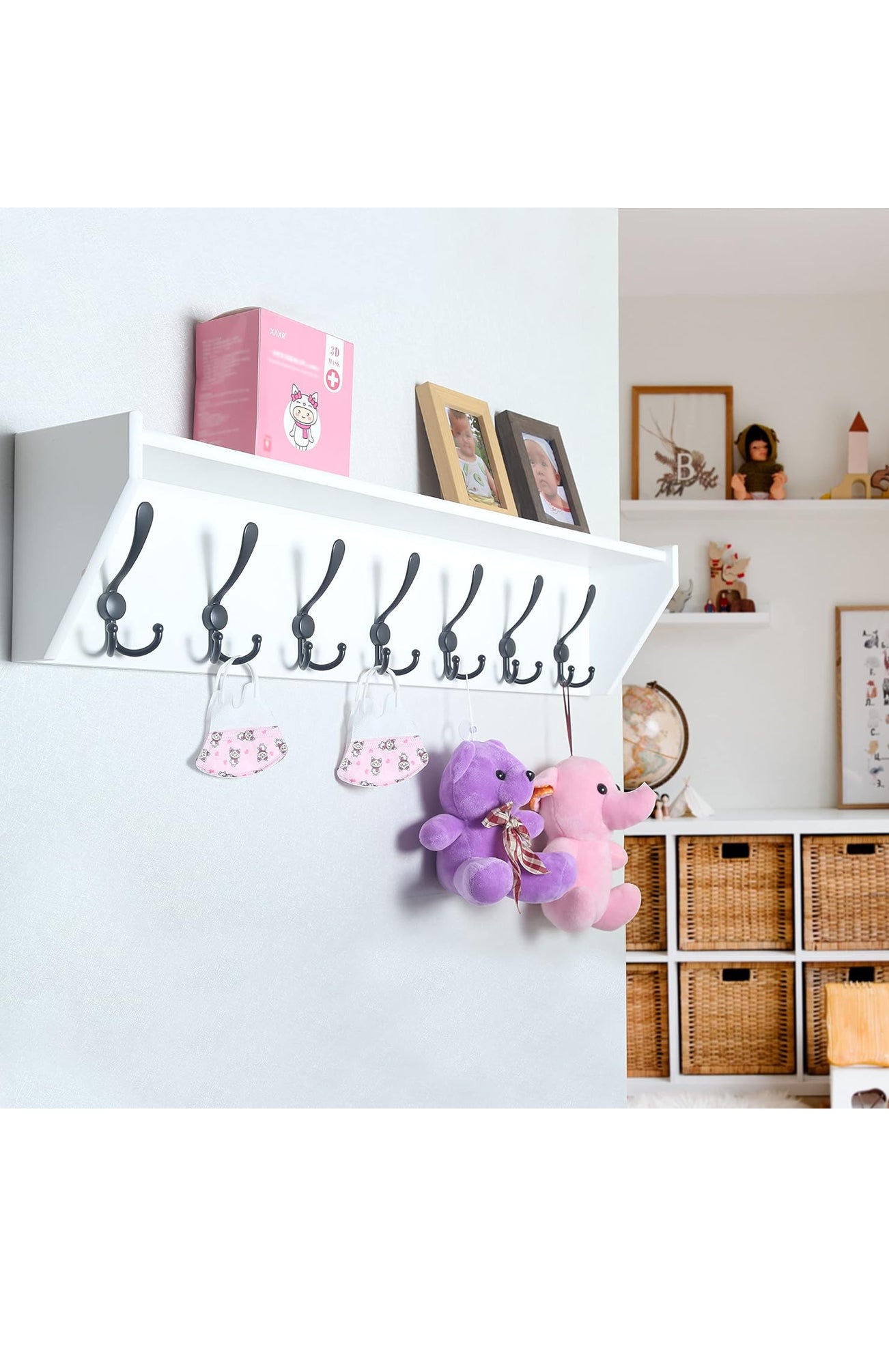 Perchero de pared con estante, estante blanco de 35 pulgadas de largo con ganchos debajo, 7 ganchos triples, estante para llaves para pared, estantes de entrada para pared