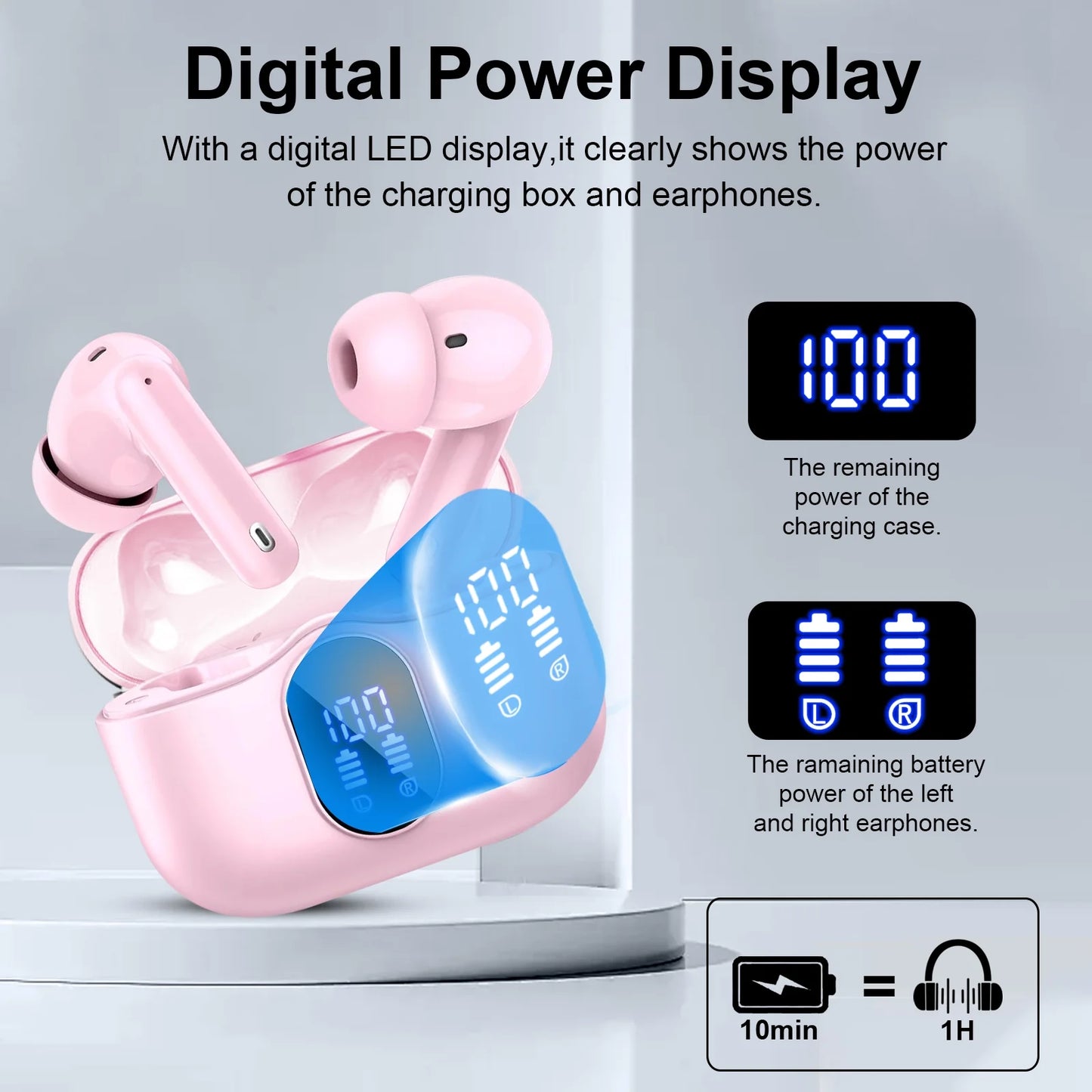 Wireless Earbuds, Bluetooth 5.4 Headphones Bass Stereo, Ear Buds with Noise Cancelling Mic LED Display, 36H Playtime in Ear Earphones, IP7 Waterproof Sport Headset for Android Ios