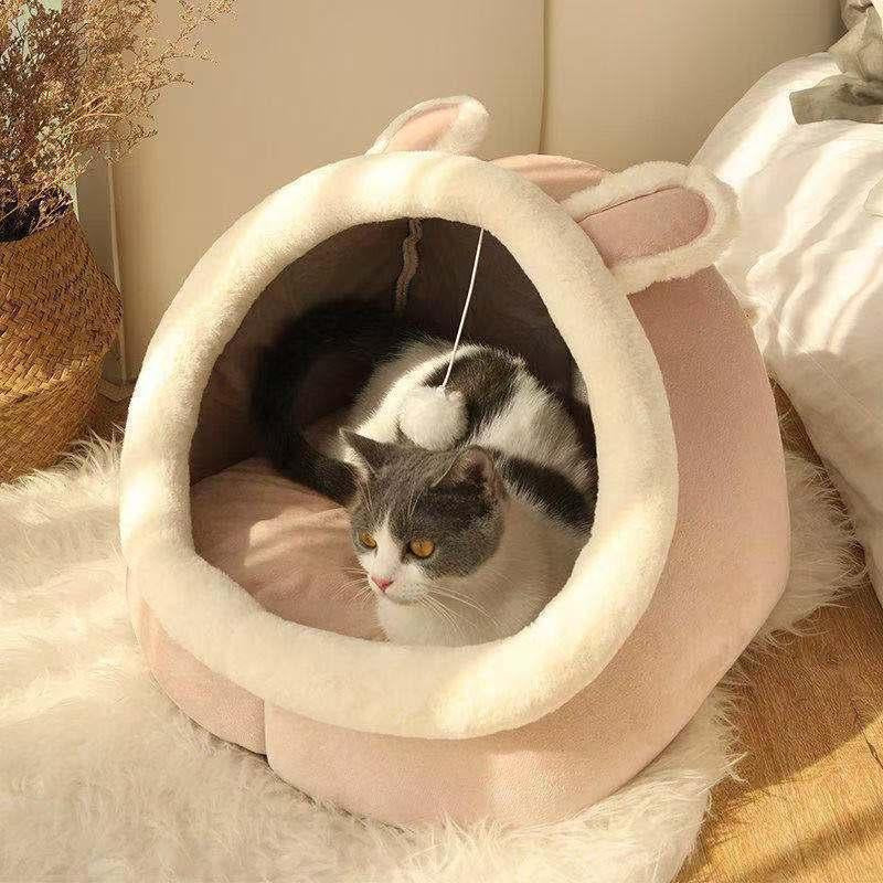 Semi-Enclosed Pet Bed, All-Season Cozy Nest for Cats & Small Dogs, Cute Wrapped Design Sleeping House with Warm Cushion