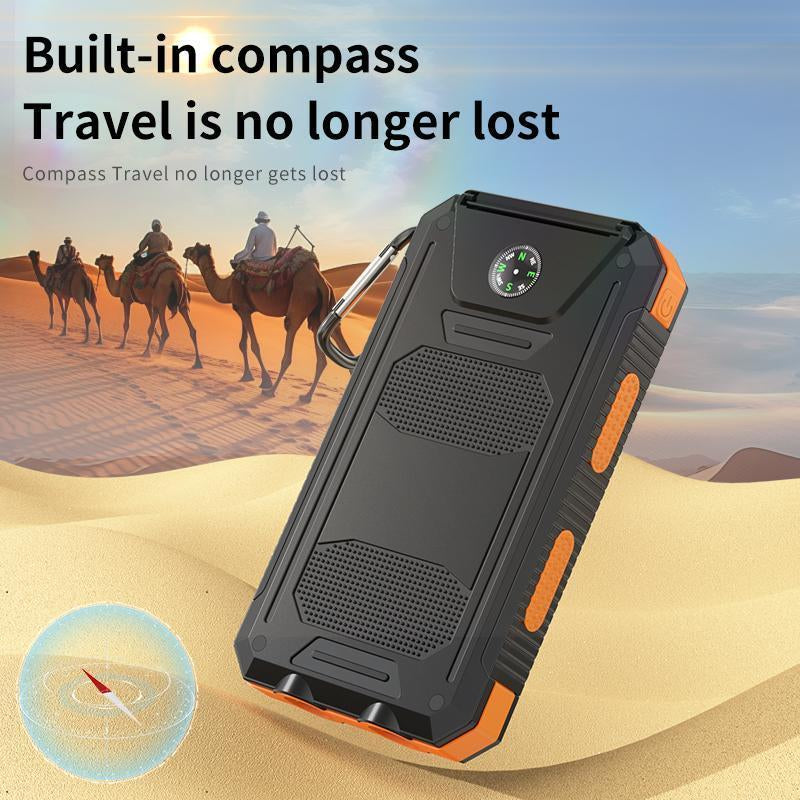 Solar Portable Charger 10000Mah - Dual USB Output, LED Torch & Compass, IP65 Waterproof for Camping & Hiking