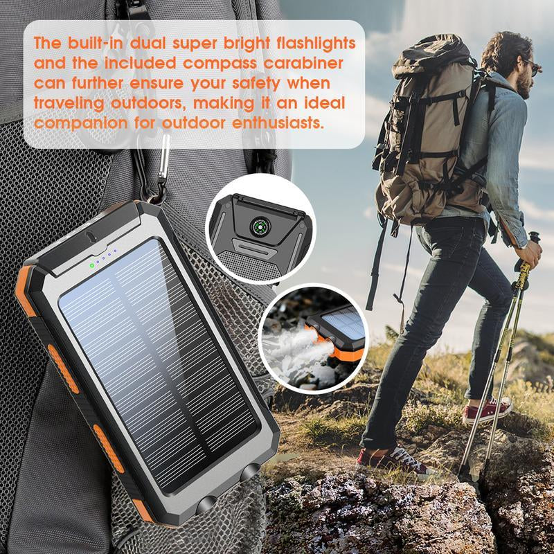 Solar Portable Charger 10000Mah - Dual USB Output, LED Torch & Compass, IP65 Waterproof for Camping & Hiking