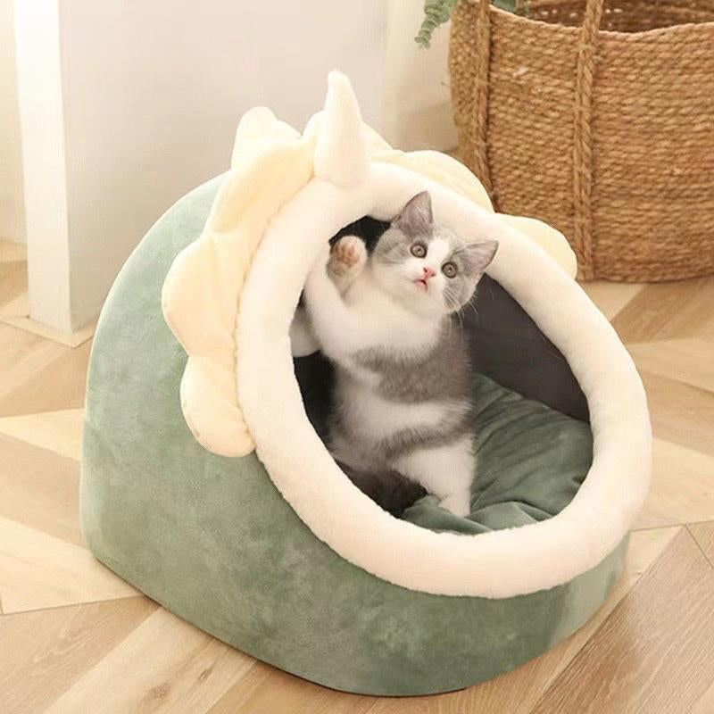 Semi-Enclosed Pet Bed, All-Season Cozy Nest for Cats & Small Dogs, Cute Wrapped Design Sleeping House with Warm Cushion