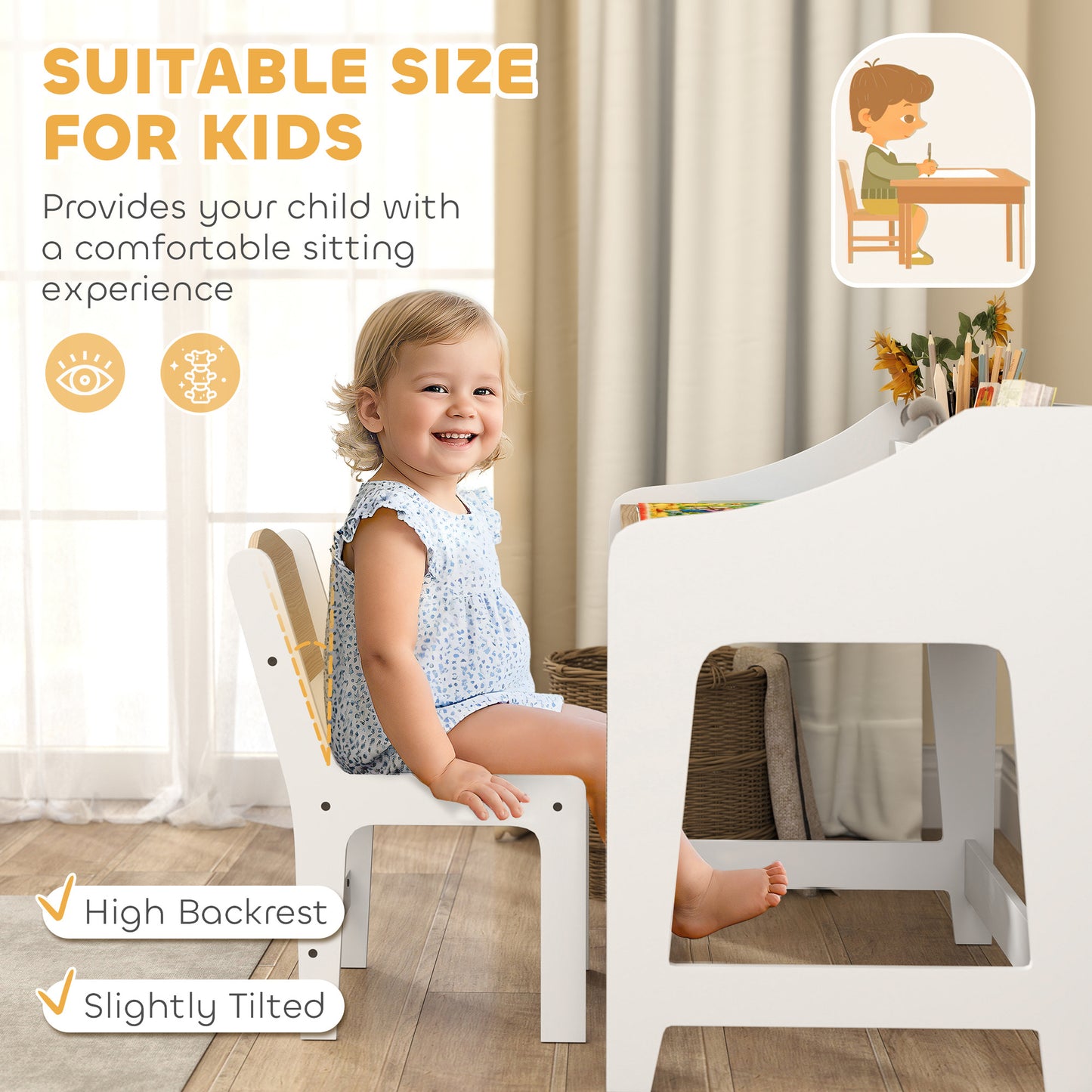 Desk And Chair Set With Storage And Shelves, For Bedroom & Study Room, Gift For 3-8 Years Old, Natural Wood