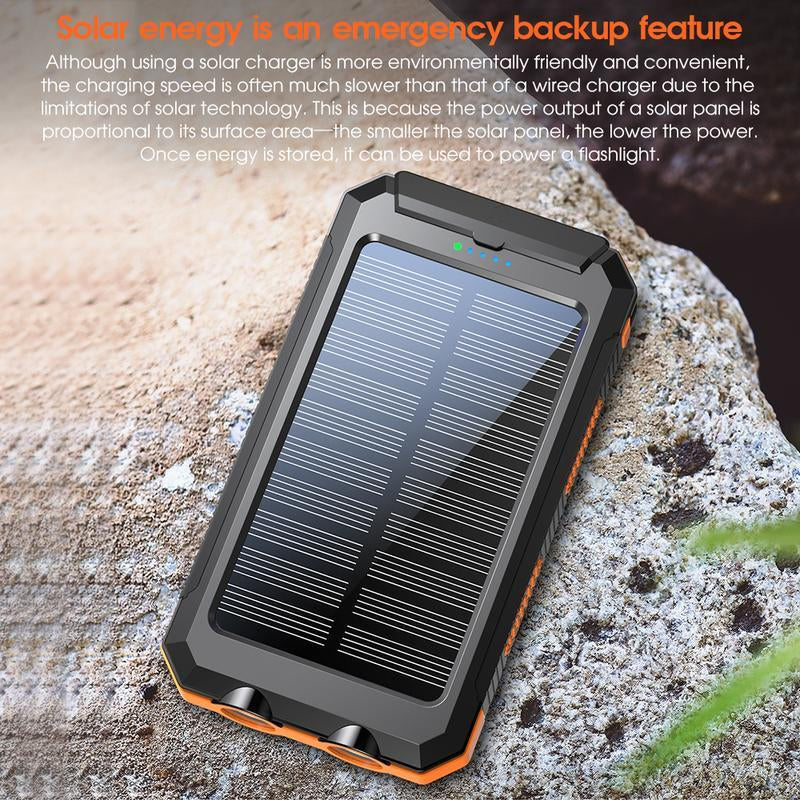 Solar Portable Charger 10000Mah - Dual USB Output, LED Torch & Compass, IP65 Waterproof for Camping & Hiking