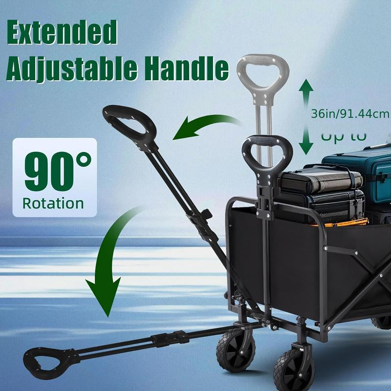 Heavy-Duty Folding Utility Wagon Cart All-Terrain Stainless Steel Frame 600D Oxford Fabric 320LBS Capacity Durable Wheels Sturdy Handle Design for Camping Gardening Shopping Outdoor Gear Transport Black