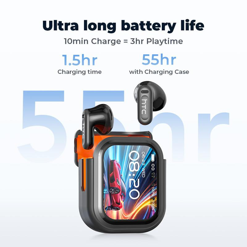 Htc NE20 Wireless Earbuds, TWS Bluetooth 6.0 Headphones, Touch Control LCD Full Color Display Screen Ear Buds, Wireless Earphones with Mic