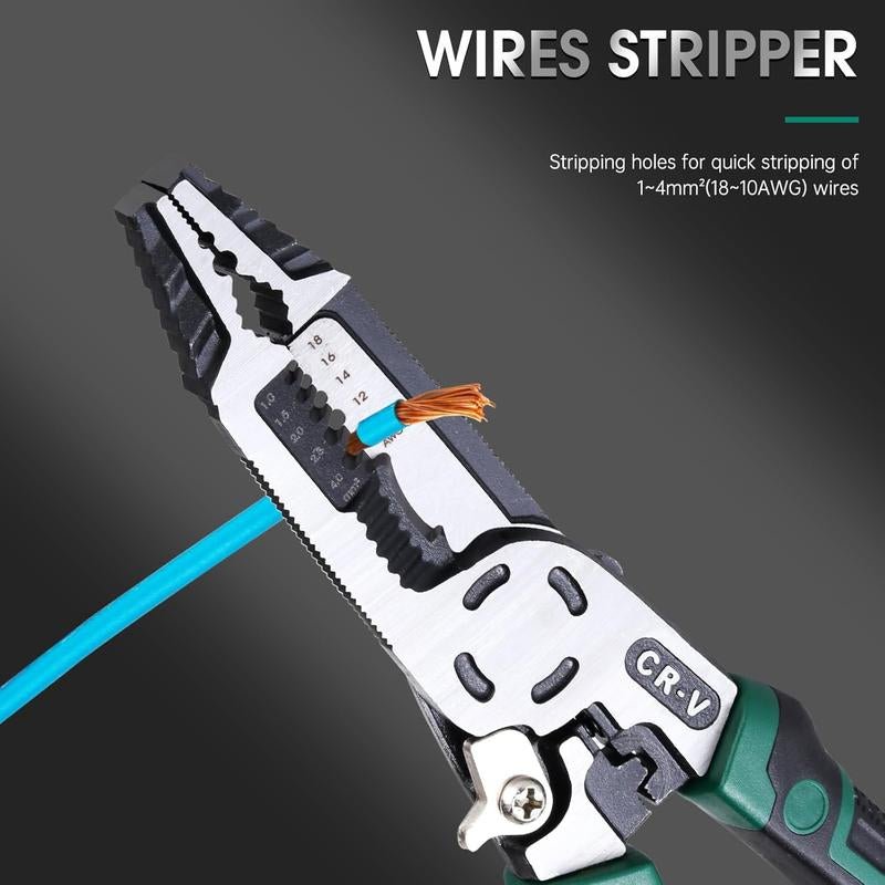 1Pcs 10-In-1 Wire Stripper Tool,Wire Strippers,Cable Cutters,Cr-V Multifunctional Plier with Wire Stripper Crimper Side Cutter, Shearing,Screw Gripping Pliers for Electric Cable