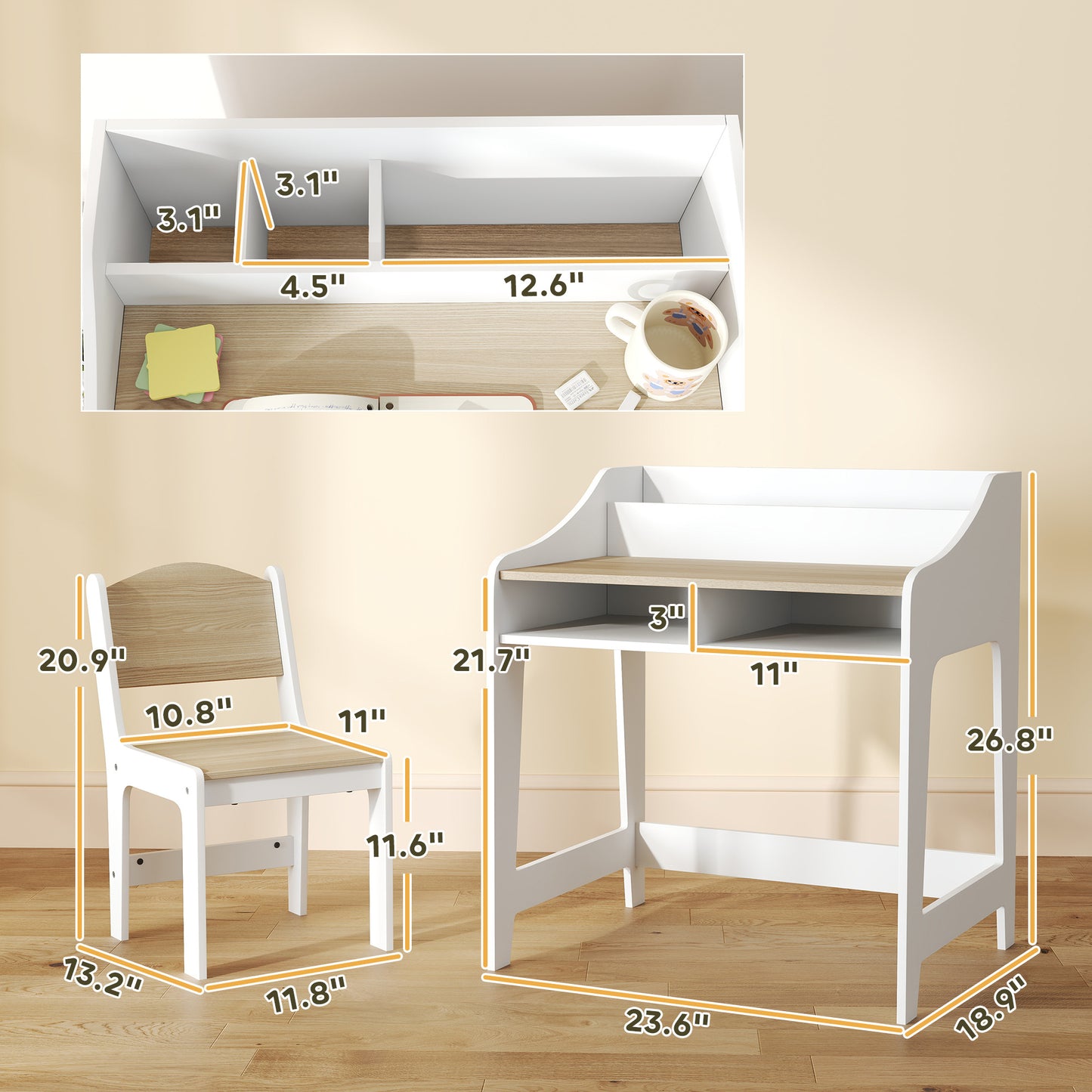 Desk And Chair Set With Storage And Shelves, For Bedroom & Study Room, Gift For 3-8 Years Old, Natural Wood