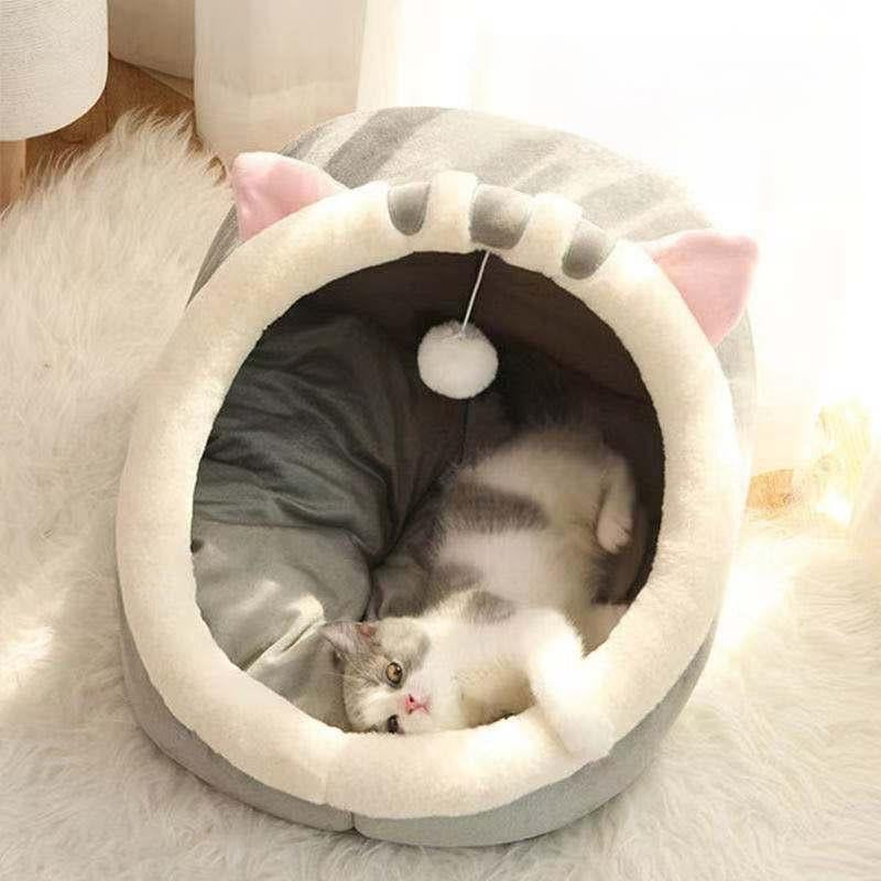Semi-Enclosed Pet Bed, All-Season Cozy Nest for Cats & Small Dogs, Cute Wrapped Design Sleeping House with Warm Cushion