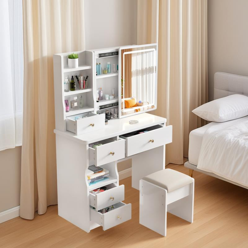 Vanity Table with Hidden Storage & LED Mirror & Power Outlet, 3 Lighting Modes,Makeup Table with Drawers & Storage Stool, White