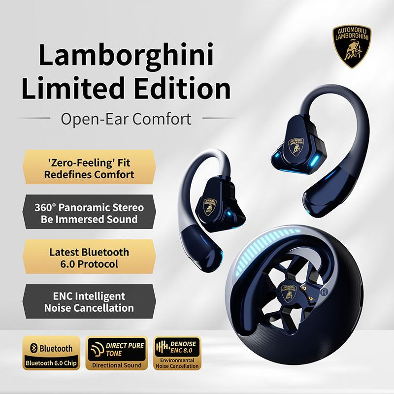 Lamborghini Official Wireless Earbuds | Sport Ear Hook Audifonos Bluetooth 6.0 Design Headphones | Secure Fit, Deep Bass, Low Power Use| Comfortable for Running, Gym & Daily Calls ,Traveling Gadgets Earphones with Long Endurance