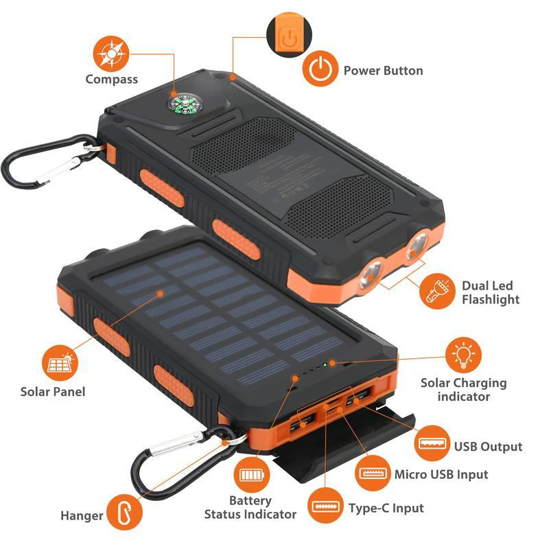 Solar Portable Charger 10000Mah - Dual USB Output, LED Torch & Compass, IP65 Waterproof for Camping & Hiking