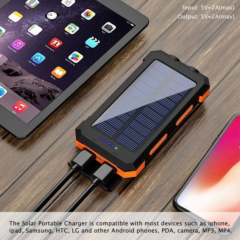 Solar Portable Charger 10000Mah - Dual USB Output, LED Torch & Compass, IP65 Waterproof for Camping & Hiking