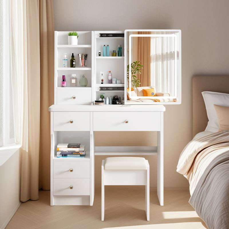 Vanity Table with Hidden Storage & LED Mirror & Power Outlet, 3 Lighting Modes,Makeup Table with Drawers & Storage Stool, White