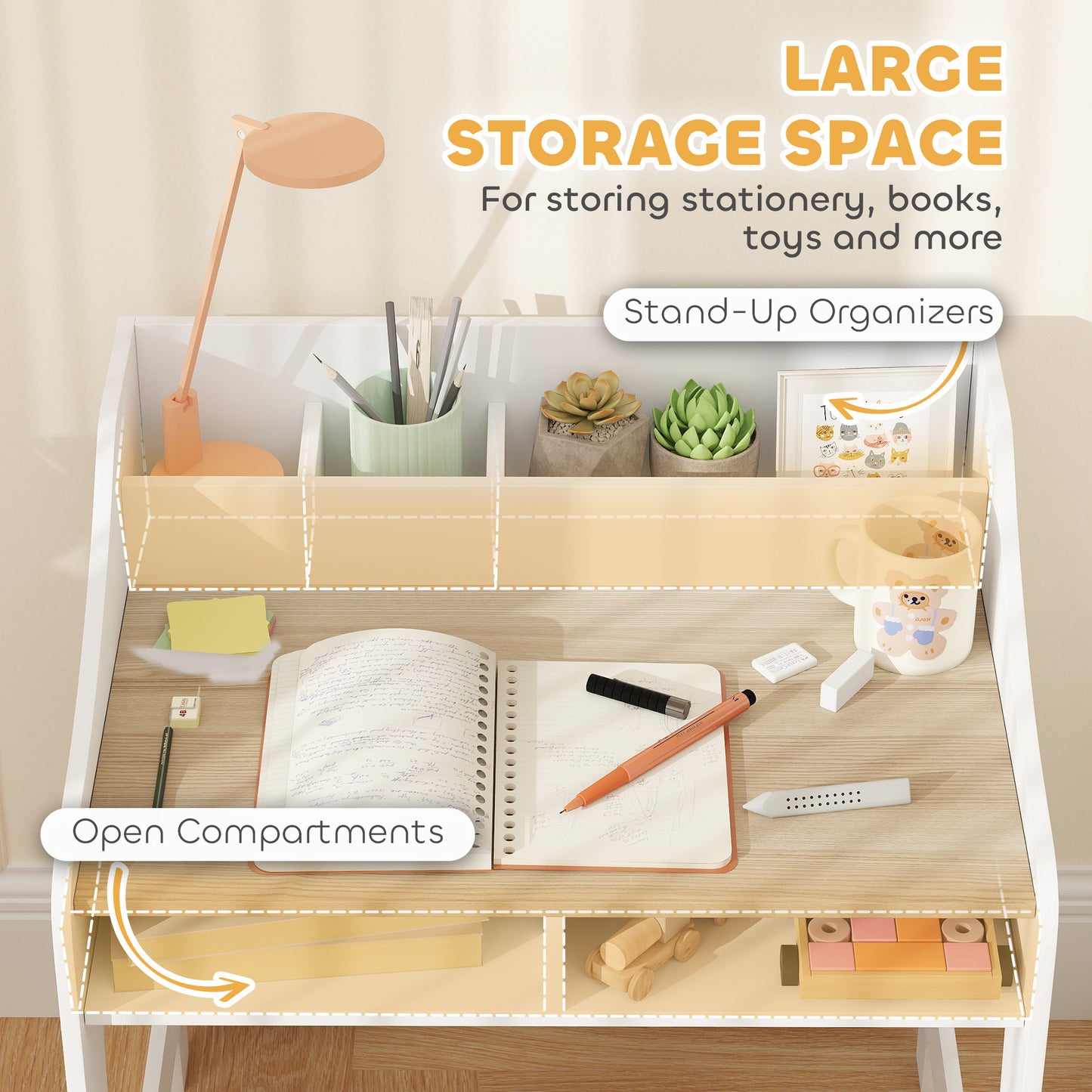 Desk And Chair Set With Storage And Shelves, For Bedroom & Study Room, Gift For 3-8 Years Old, Natural Wood