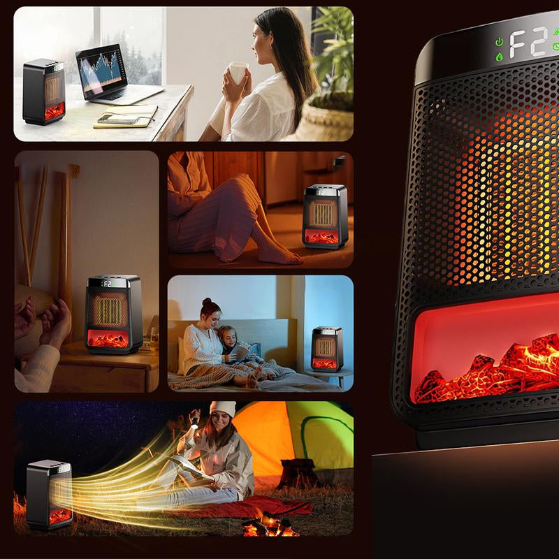 Black Mini Electric Fireplace Heater – 1000W 3D LED Flame, Portable for Office Home + Christmas Decor