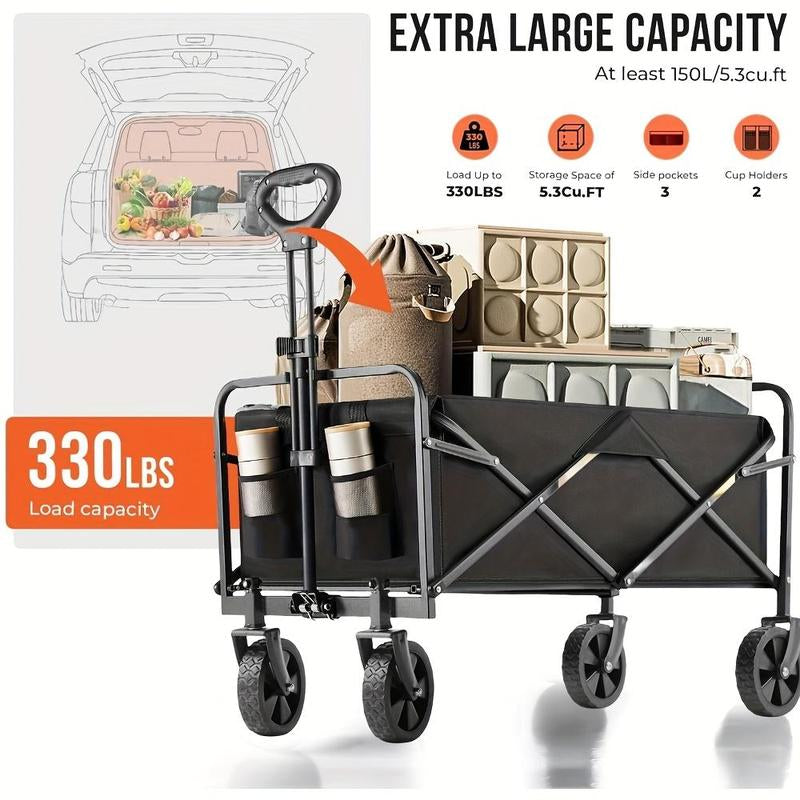 Heavy-Duty Folding Utility Wagon Cart All-Terrain Stainless Steel Frame 600D Oxford Fabric 320LBS Capacity Durable Wheels Sturdy Handle Design for Camping Gardening Shopping Outdoor Gear Transport Black