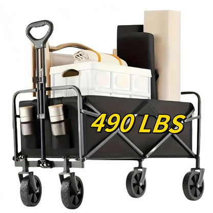 Heavy-Duty Folding Utility Wagon Cart All-Terrain Stainless Steel Frame 600D Oxford Fabric 320LBS Capacity Durable Wheels Sturdy Handle Design for Camping Gardening Shopping Outdoor Gear Transport Black