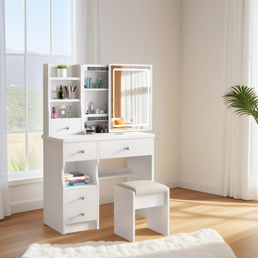 Vanity Table with Hidden Storage & LED Mirror & Power Outlet, 3 Lighting Modes,Makeup Table with Drawers & Storage Stool, White