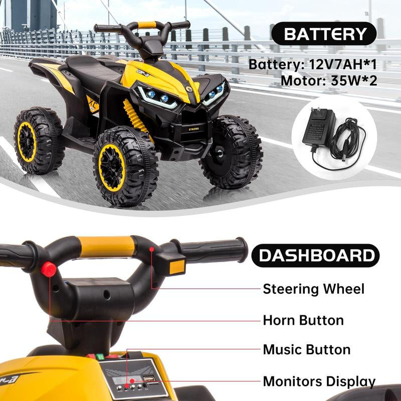 【GARVEE】12V Quad ATV 4 Wheeler with Music and LED Lights for Young Riders, Available in Multiple Colors Including Yellow, White, Red, Pink, Black, and Blue, Providing a Safe and Enjoyable Riding Experience