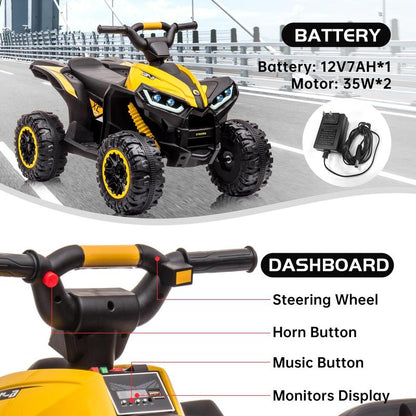 【GARVEE】12V Quad ATV 4 Wheeler with Music and LED Lights for Young Riders, Available in Multiple Colors Including Yellow, White, Red, Pink, Black, and Blue, Providing a Safe and Enjoyable Riding Experience