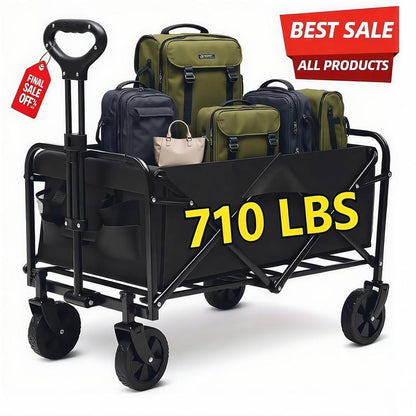 Heavy-Duty Folding Utility Wagon Cart All-Terrain Stainless Steel Frame 600D Oxford Fabric 320LBS Capacity Durable Wheels Sturdy Handle Design for Camping Gardening Shopping Outdoor Gear Transport Black